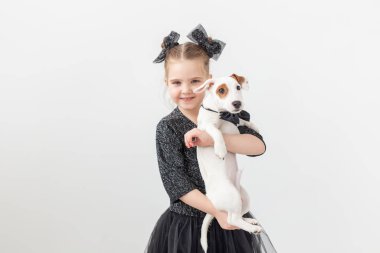 Evcil hayvan ve hayvan kavramı - Jack Russell Terrier köpekle oynayan kız çocuk.