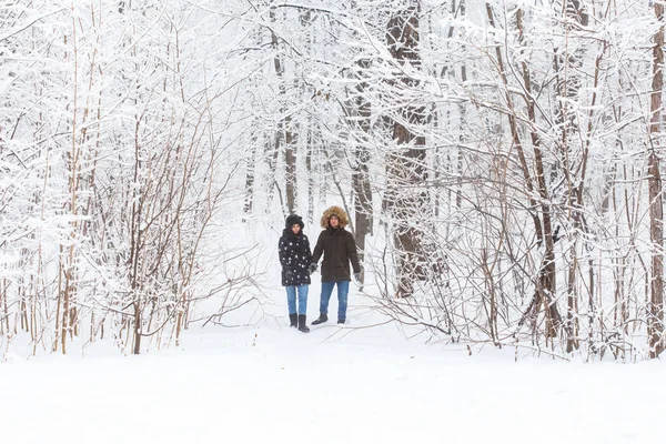 Молода пара гуляє в засніженому парку. Зимовий сезон . — стокове фото
