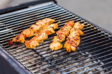 lezzetli Barbekü kebap ızgara açık ızgara, açık mutfak. Şehirde yemek Festivali. lezzetli yemekler şiş üzerinde kavurma yiyecek-mahkeme. Yaz pikniği
