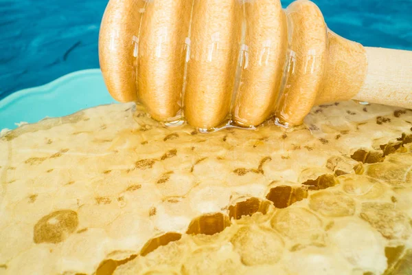 Honung med trä honung dipper och honungskakor — Stockfoto