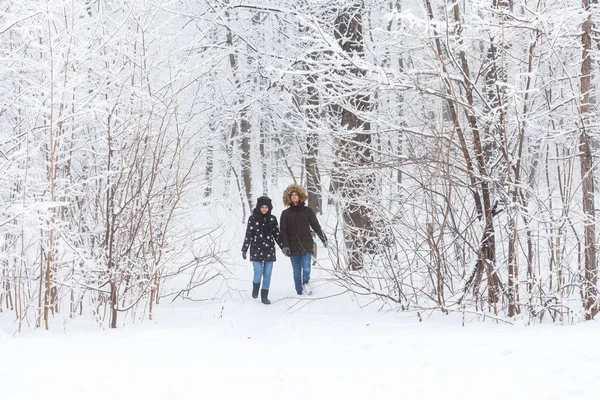 눈덮인 공원을 걷고 있는 젊은 부부. 겨울 계절. — 스톡 사진