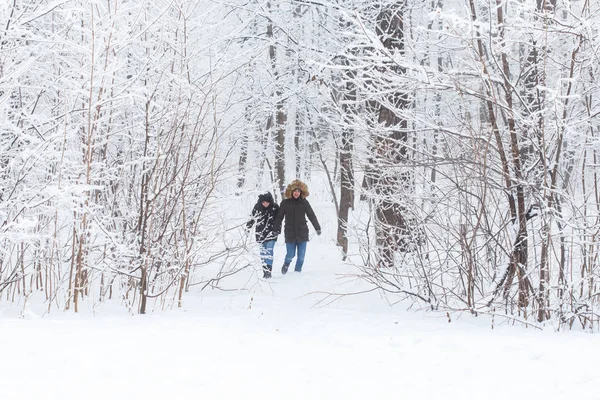 Fiatal szerelmesek sétálnak a havas erdőben. Aktív téli szünetek. — Stock Fotó