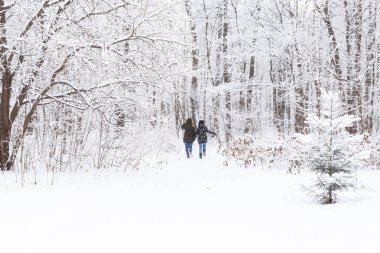 Genç ve güzel bir çift karlı parkta koşuyor ve el ele tutuşuyorlar. Sevgililer Günü konsepti. Kış mevsimi.