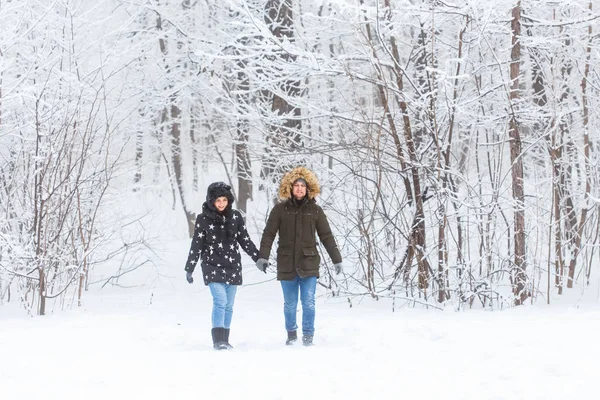 Jeune couple marchant dans un parc enneigé. Saison d'hiver. — Photo