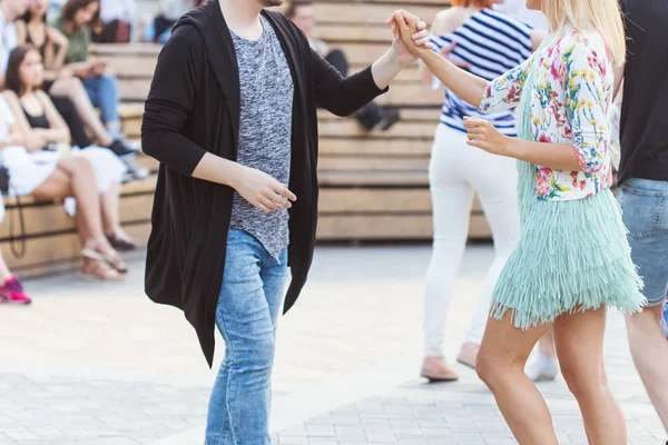 Kizomba, bachata or salsa concept - beauty couple dancing social dance on open air party. — Stock Photo, Image