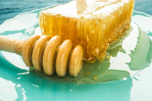 Mel com mergulhador de mel de madeira e favos de mel — Fotografia de Stock