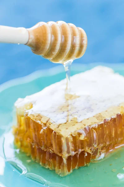 Honung med trä honung dipper och honeycombs närbild — Stockfoto