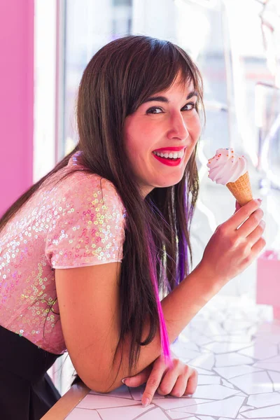 Summer, youth and dessert concept - Pretty girl enjoying an ice-cream cone in cafe — 스톡 사진