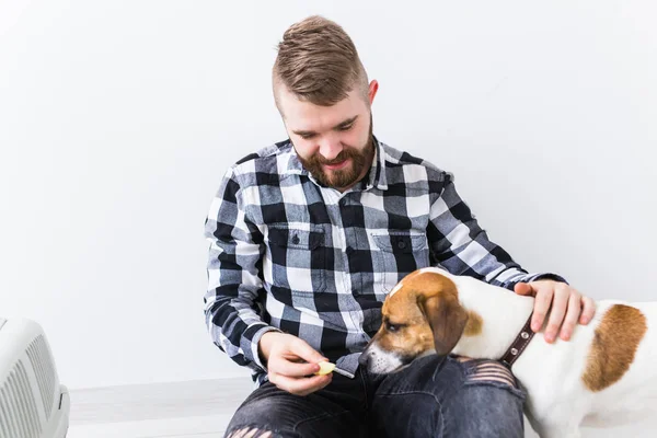 Mascotas concepto de propietario Atractivo hombre alegre en camisa a cuadros tiene mascota favorita. Feliz hombre barbudo con su gato russell terrier — Foto de Stock