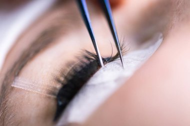 Kirpik uzatma prosedürü. Uzun kirpikli kadın gözü. Kırbaçlar, kapatın, makro, seçici odaklanma.