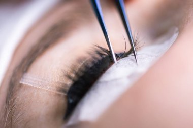 Kirpik uzatma prosedürü. Uzun kirpikli kadın gözü. Kırbaçlar, kapatın, makro, seçici odaklanma.