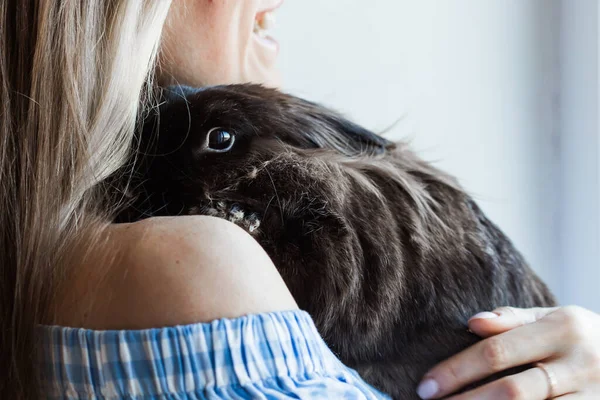 애완 동물 과 부활절 개념 - 집에서 갈색 토끼를 껴안는 매력적 인 소녀, 클로즈업. — 스톡 사진