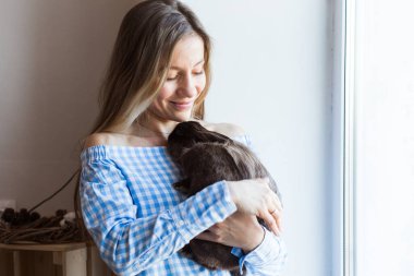 Evcil hayvan ve Paskalya konsepti - Mutlu kız evde kahverengi tavşana sarılıyor.