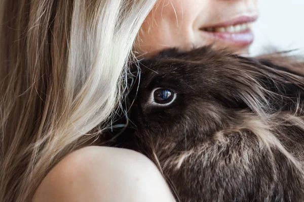Pet och påsk koncept - Attraktiv flicka kramar brun kanin hemma, närbild. — Stockfoto