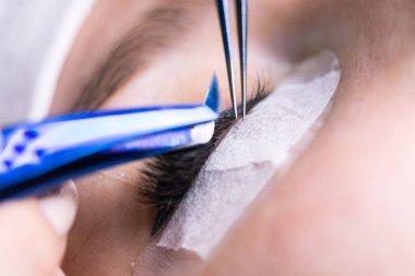 Kirpik uzatma prosedürü. Uzun kirpikli kadın gözü. Kırbaçlar, kapatın, makro, seçici odaklanma.