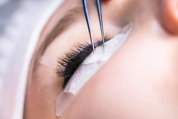 Procédure d'extension des cils. Œil de femme avec de longs cils. cils, gros plan, macro, mise au point sélective. — Photo