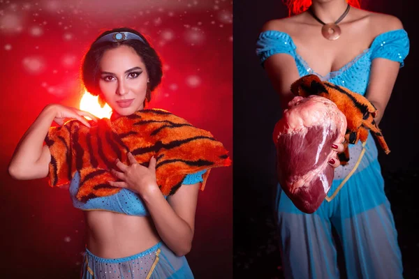 Girl posing with tiger skin and raw meat, crazy people. Dont eco friendly lifestyle. Life in social networks, narcissism, modern personality. Personality disorder. — Stock Photo, Image