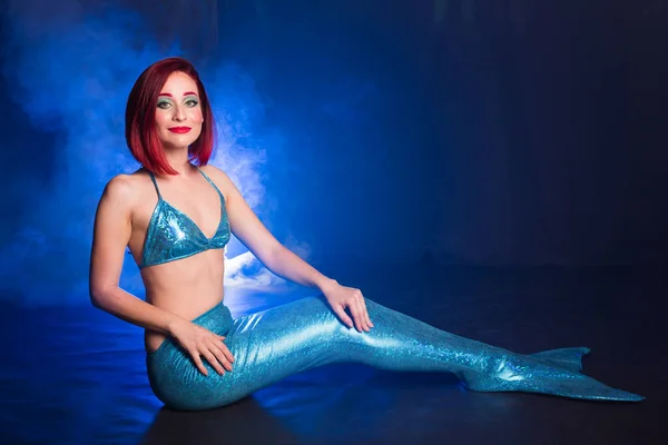 Fashion fantasy mermaid. Studio Shot. Blue underwater background. Fairy tales concept. — Stock Photo, Image