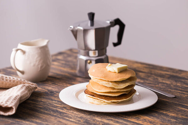 Homemade american pancakes. Healthy morning breakfast. Rustic style