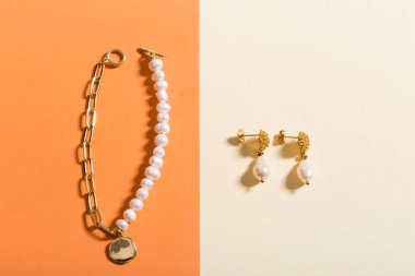 Mükemmel aksesuarlar. Moda mücevher seti. Moda mücevherleri ve bijouterie. Üst görünüm.