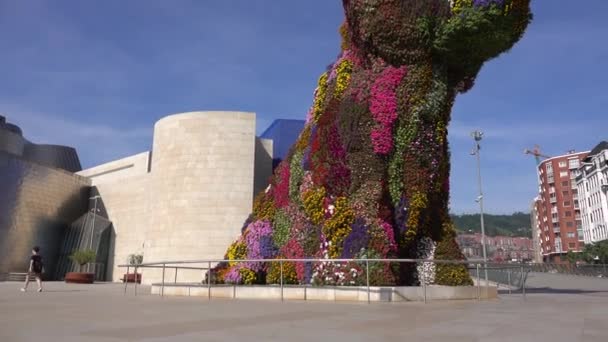 A pan up of Puppy by Jeff Koons at the Guggenheim Bilbao — Stock Video