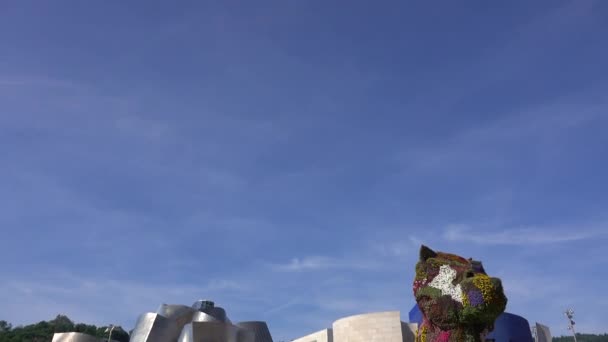 Una panoramica della scultura del cucciolo al Guggenheim Bilbao — Video Stock