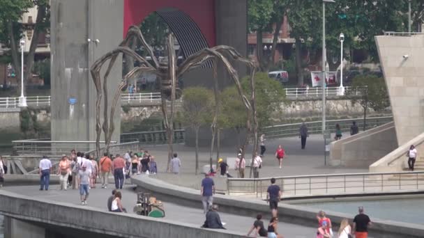 Visitors view the Maman sculpture by the Guggenheim Bilbao — Stock Video