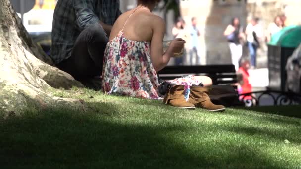 Paar geniet van lunch in een openbaar park — Stockvideo