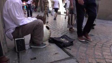 Turistler bir kora oynayan bir sokak müzisyeni tarafından yürümek