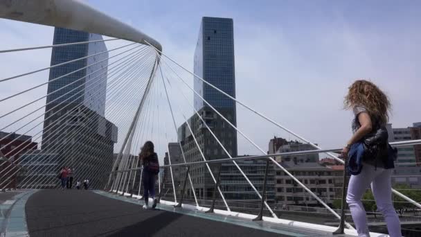 Panneau à angle bas de personnes traversant le pont de Zubizuri — Video