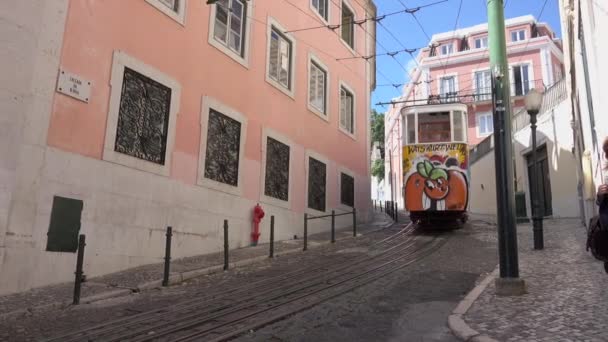 Kabelspoorweg tram decends hill — Stockvideo