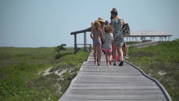 Vista trasera de la familia caminando a la playa Ho Hum en Fire Island — Vídeos de Stock