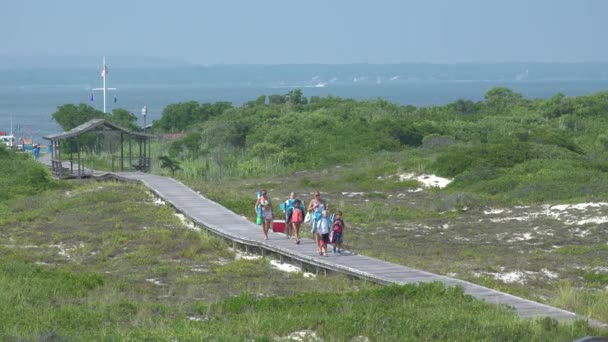 Mensen lopen op de promenade in Ho Hum beach op Fire Island — Stockvideo