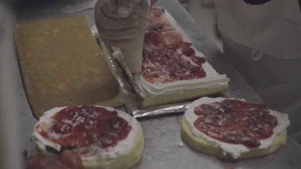 Пекарь сжимает глазурь на слое торта — стоковое видео
