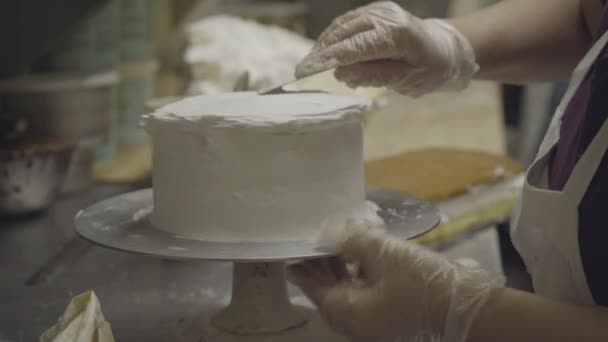 Il fornaio applica la glassa di struttura di torta rotonda — Video Stock