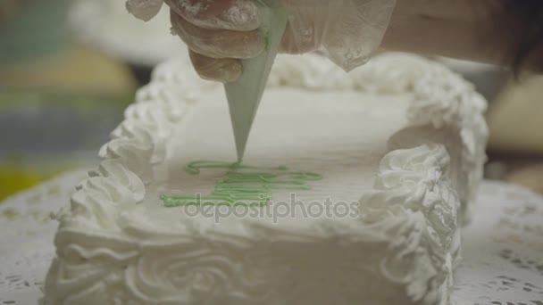 Creatore torta decora una torta di fantasia strato — Video Stock