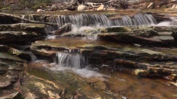 A água derrama sobre as rochas de um riacho — Vídeo de Stock