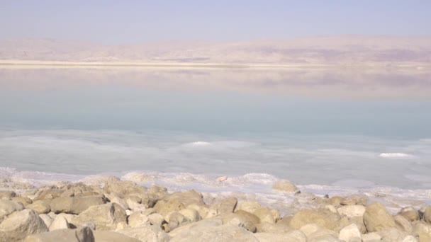 Турист фотографирует Мертвое море — стоковое видео