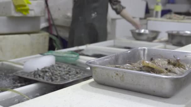 Camarones frescos crudos en el mercado chino — Vídeo de stock
