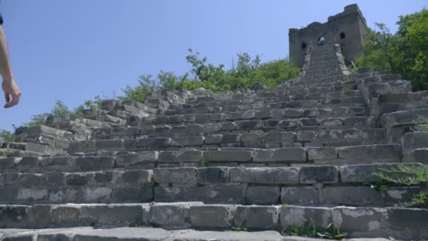 Kaukasier geht die große Mauer hinauf — Stockvideo