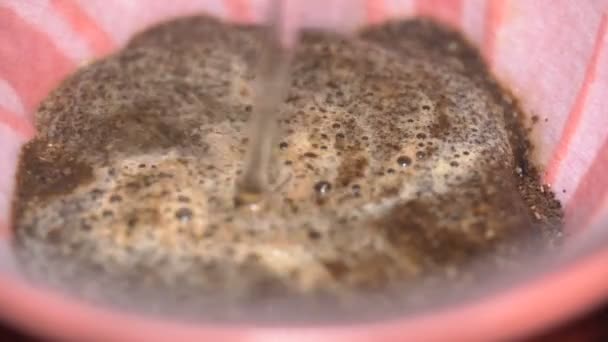 Warm water gieten in grond koffiebonen op papieren filter. — Stockvideo