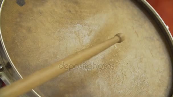 Closeup drumstick hits the drum — Stock Video