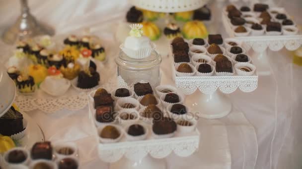 Schokoriegel-Hochzeit, Schokobuffet, leckere Schokoriegel auf einer Hochzeit — Stockvideo