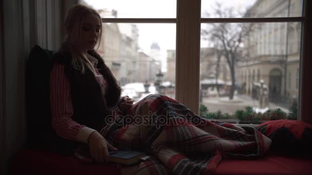 Pencere ile ilgili bir kitap okuyan güzel bir kız silüeti — Stok video
