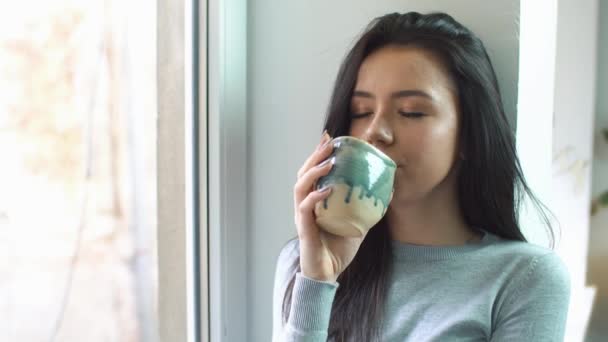 Hermosa joven se sienta en un alféizar de la ventana y beber café o té de una taza — Vídeos de Stock