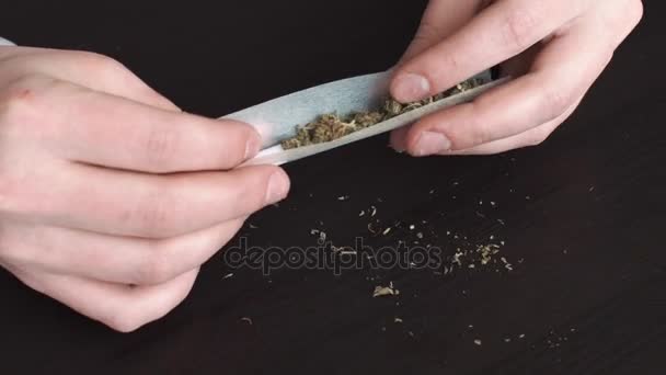 Die Hände des Mannes verdrehen Marihuana in stumpfer Weise - der Begriff illegale Drogen, Drogenkonsum, Nahaufnahme — Stockvideo