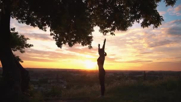 Silueta de una mujer practicando yoga al amanecer — Vídeo de stock