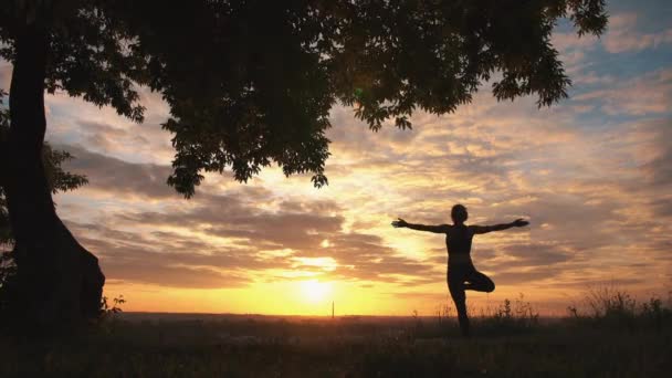 Silueta de una mujer practicando yoga al amanecer — Vídeos de Stock