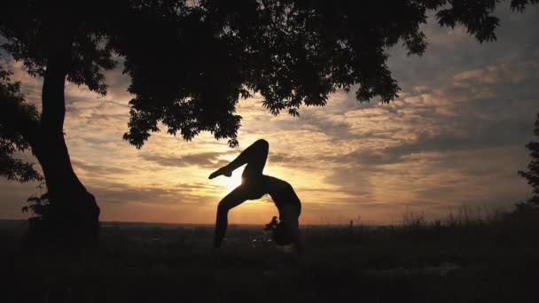 Silueta de una mujer practicando yoga al amanecer — Vídeos de Stock