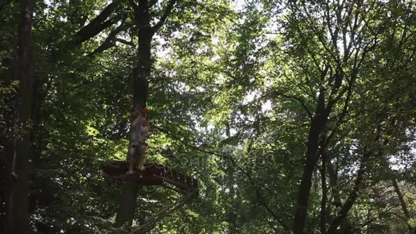 Чоловік спускається на мотузці в розважальному парку — стокове відео